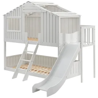 Juskys Kinderbett Baumhaus, 90x200 cm, Hochbett im Baumhaus-Stil, mit Rutsche, Dach, Lattenrost weiß