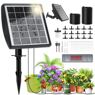 Solar Bewässerungssystem 2025, Automatische BewäSserung Zimmerpflanzen eingebauter Timer mit 15m Tropfschlauch, Tröpfchenbewässerung Solar für Kübelpflanzen Pflanzen Balkon Hochbeet Gewächshaus Garten