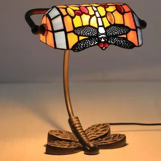 AIBOTY Banker Lampe Tiffany Schreibtischlampe grün orange lila blau Libelle Stil Glasmalerei Tischlampe, verstellbare Luxus Speicher Klavierlampe 10" hoch für Bibliothek Wohnzimmer,Orange