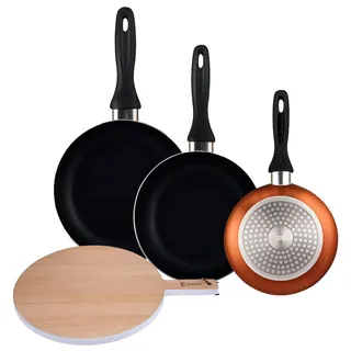 BERGNER - Set aus 3 Pfannen Ø16/20/24cm aus gepresstem Aluminium in metallic-bronze mit Rundes Schneidebrett 38x28x1,5 cm aus Buchenholz