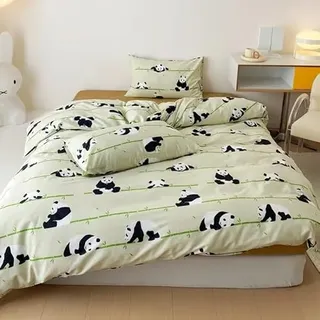 Gezu Panda Bettwäsche 200x200 100% Baumwolle Weich Karikatur Panda Bambus Motiv Kinder-Bettwäsche-Set Mädchen Jungen Niedliches Tier Thema Babybaumwolle Bettbezug 200x200 mit 1 Kissenbezug 80x80,Grün