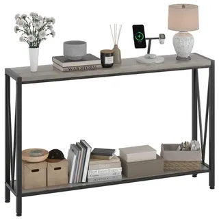 GarveeMore Konsolentisch Schmal Holz Konsolentisch,mit Stauraum, Holz und Metall Couchtisch grau