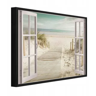 Gerahmtes Leinwandbild Mit Schwarzem Rahmen, 3d-fenster Zum Meer Und Strand Für Wohnzimmer Und Schlafzimmer, Hochauflösender Druck, 120 X 80 Cm