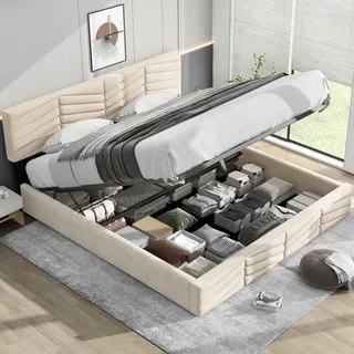 Sweiko Boxspringbett 180x200cm Polsterbett mit Lattenrost und Bettkasten, verstellbarem Kopfteil, Doppelbett Hydraulisches Bett, Bezug aus Samt