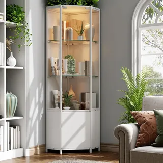 Eckvitrine Mit Gehärtetem Glas,165cm Höhe Eck Vitrinenschrank Mit Led Beleuchtung,3-stufige Schauvitrine Und 1-stufige Cabient, Vitrine Für Sammlerstücke, Spirituosen, Wohnzimmer, Schlafzimmer, Büro