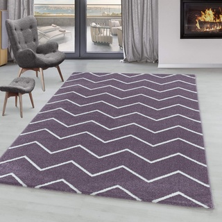 Kurzflor Teppich Wellen Linien Design Wohnzimmerteppich Kinderteppich Lila, Farbe:Lila, Grösse:140x200 cm