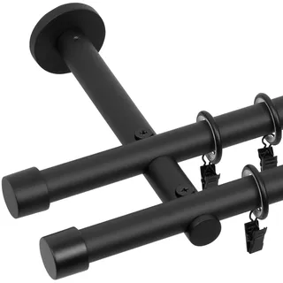 RENA Gardinenstange 19/19 mm Vorhangstange 2-läufig| Metall Elegante klassische Gardinenstange mit geräuscharmen Rollen | Inklusive Montagezubehörset | Schwarz Matt 240cm |Luna