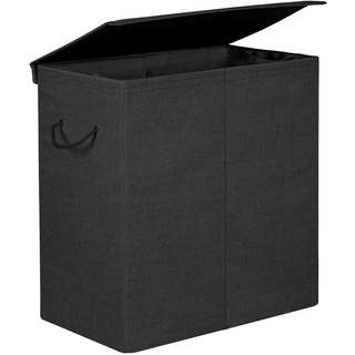 SONGMICS Wäschekorb, 142 L, 2 Fächer aus Leinenstoff, Trennwand für Kleidung mit magnetischem Deckel und Griffen, faltbar, herausnehmbarer Innentasche, Schwarz LCB02BK