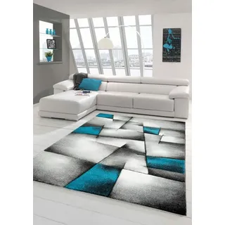 Teppich-Traum Kurzflor Teppich Karo-Patchwork Türkis Grau 160x230 cm | Pflegeleicht, strapazierfähig, allergikerfreundlich und OEKO-TEX geprüft, Konturenschnitt, für Wohn- & Schlafzimmer