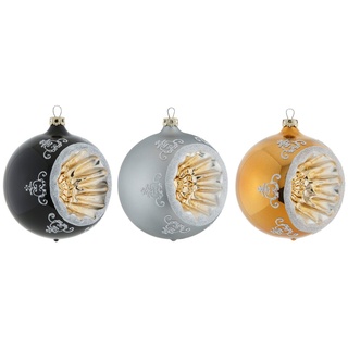 Thüringer Glasdesign Weihnachtsbaumkugel Black&White&Gold, Weihnachtsdeko, Christbaumschmuck (3 St), hochwertige Christbaumkugeln aus Glas, Refelexkugeln bunt|goldfarben|grau|schwarz