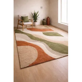 YEGRFJIS Moderner Teppich Waschbar rutschfest Wellen 120x150cm Terrakotta Grün Beige Bodenmatte Wohnzimmer Schlafzimmer Kurzflor Kaschmir-Optik Erdtöne