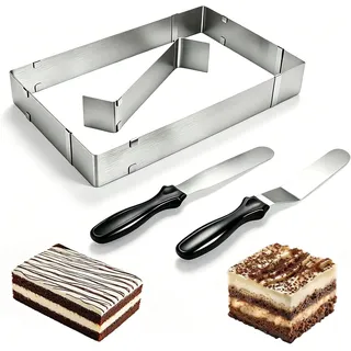 MJFENDAI Backrahmen Rechteckig Verstellbar, Rechteckige Backform mit Teiler 2 Spatel, Tortenring Eckig für große Kuchen, Pizza Backen, Tortenund Party Dekorieren