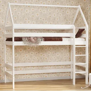 Loft Bed Hausbett Etagenbett Kinder Hochbett Mit Treppe Kinderhochbett Hoch Bett Erwachsene Jugendliche, 90x180 weiß - Weiß