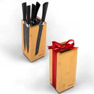 Exitoso NEU Messerblock aus Bambus, 360-Grad-Drehbar mit außen Magneten & herausnehmbaren Borsteneinsatz – Platz für bis zu 20 Messer - sichere Messeraufbewahrung – Messerblock aus Holz (ohne Messer)