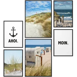 Papierschmiede® Mood Poster Set Moin, Gerahmte Bilder (Rahmen: Material und Farbe wählbar), Wohnzimmer Deko Schlafzimmer, 2x DIN A3 und 4x DIN A4, Norden Strand Küste Dünen