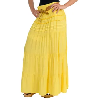 Malito – Rock Damen bodenlang aus Baumwolle mit elegantem Strickmuster & Kunstleder Gürtel – Maxi Rock lang mit breitem Bund – Luftiger Sommerrock 1116 (Dunkelgelb 34-40) - 34-40
