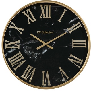 LW Collection Wanduhr Marmor Sierra Schwarz Gold 80cm - Industrielle Wanduhr - Große Moderne Wanduhr mit römischen Ziffern - Leise Uhrwerk - Stille Uhr