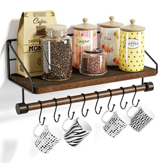 Alsonerbay Wandregal Holz Gewürzregal Küchenregal Wand,Schweberegal Schwarz Metall mit 8 Abnehmbaren Haken und Handtuchhalter,Tassenregal für Küche Wohnzimmer Badezimmer, Dunkelbraun