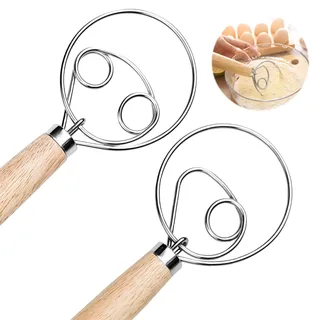 Crihovy 2 Stück Dänischer Schneebesen, Dänischer Teigbesen, Eierschläger mit Holzgriff, Brotteigmischer mit Doppellöchern, Brotmixer Manuelle für Backen Brot, Teig, Kuchen, Gebäck und mehr
