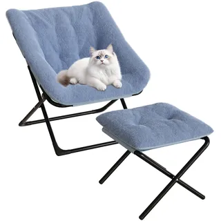 ZoomBuggy Faltbarer XXL Sessel mit Hocker – Superweicher Kunstfell-Loungesessel – Stabiler Metallrahmen – Waschbarer Bezug – Platzsparend – Für Wohnzimmer, Schlafzimmer, Studentenwohnheim – Blau mit