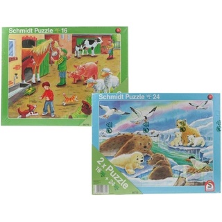 Schmidt Spiele Rahmenpuzzle 2er Set Rahmenpuzzle Tiere Nordpool und Bauernhof Zootiere, Puzzleteile bunt