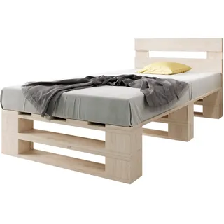 sunnypillow Palettenbett M2 aus Holz 100 x 200 cm mit Kopfteil und Lattenrost Stabiles Holzbett Seniorenbett Kinderbett erhöhtes Einzelbett Bettgestell Futonbett Komforthöhe Naturholz