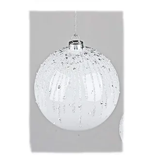 Winter Weihnachtliche Deko Hängekugel Winterweiss 10cm, schöne Baumdeko aus weissem Glas mit silbernem Glitter