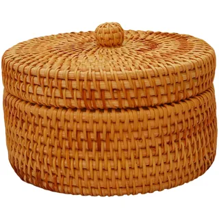 CNAFGBGG Rattankorb mit Deckel, 14 x 7, 6 cm, runder Rattan-Aufbewahrungskorb, natürlich und glatt, minimalistisch gewebte Aufbewahrungsbox für Obst, Kleinigkeiten, Spielzeug, Fernbedienung..