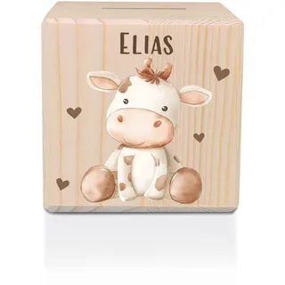 GRAVURZEILE Bedruckte Spardose aus Holz mit Metallschloss - Tiere Kinder Kuh - Personalisiert mit Namen - Geschenk für Mädchen & Jungen Einschulung - Sparschwein für Kinder zum Schulanfang