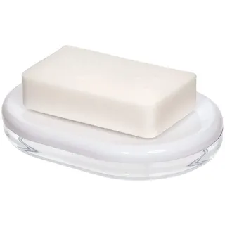 iDesign Seifenschale, ovaler Seifenhalter aus Kunststoff für Badezimmer oder Küche, Seifenablage mit Ablauföffnung für Waschtisch, Dusche und Spülbecken, weiß und durchsichtig