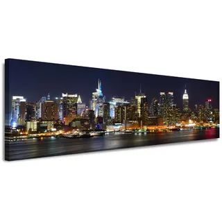 Visario Leinwandbild 120x40 cm 5715 Skyline bei Nacht Wolkenkratzer Stadtbild Panorama fertig aufgespannt auf Holzrahmen Wandbild Wohnzimmer Schlafzimmer Büro moderne Wanddekoration Kunstdruck Städte
