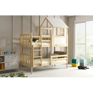 Interbeds Etagenbett Hochbett 190x90cm Hausbett Naturholz Massivholz 2 Plätze mit Rausfallschutz mit Lattenrost Bettgestell trennbar in 2 Einzelbetten ohne Matratze (190x90cm)