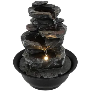 COSTWAY Zimmerbrunnen, Tischbrunnen mit LED Beleuchtung, Pumpe®ulierbarer Wasserfluss, Wasserbrunnen Stein Optik, Ø21,5cm Höhe26cm, Tischdekor... - Schwarz