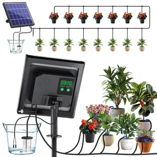 Biling 3W Solar Bewässerungssystem Balkon mit 2200mAh Akku Tag & Nacht | 168 Modi, 15m Schlauch, max. 450l/h Automatische Bewässerung für 15-20 Töpfe Garten Hochbeet Gewächshaus Topfpflanzen Urlaub