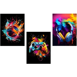 WuiCtvz Deko Gaming Zimmer, Gaming Zimmer Deko mit drei Leinwandbildern, Kopfhörer Fußball und Spielkonsole Motive, 30 cm x 40 cm Leinwanddrucke für Gaming Raum