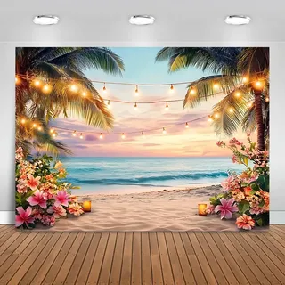 Hnmdmyi 3.6x3m Fotohintergrund Strand Sommer Hawaii Ozean Sonnenuntergang Meer Tropische Blumen Palmen Fotografie Hintergrund Hochzeit Baby Shower Geburtstag Aloha Luau Party Dekorationen Banner