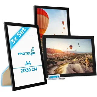 PHOTOLINI Bilderrahmen 3er Set modern mit bruchsicherem Acrylglas, Holz MDF, Fotos & Poster, für 3 Bilder (3er Set), Posterrahmen A4 21x30 cm zum Aufhängen & Aufstellen schwarz 21 cm x 30 cm