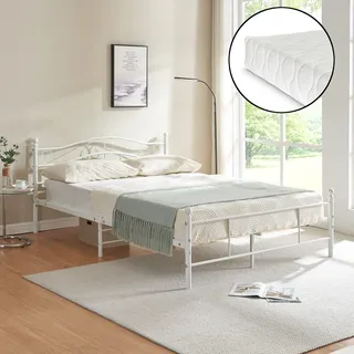 Metallbett Florenz 140x200 cm mit Kaltschaummatratze Weiß en.casa