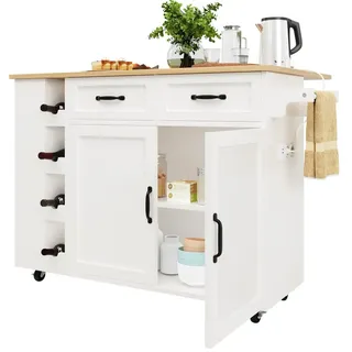 HAUSS SPOLE Küchenwagen Küchenwagen mit Steckdosenleiste, Weinregal,Holzmaserung, weiß, (Kücheninsel, Küchenschrank, Buffetschrank, Speisewagen, 1 St., 2 Türen, 2 Schubladen, 4 Weinregal), mit Steckdosenleiste ausgestattet, Weinregal 118 cm x 90.7 cm x 43 cm