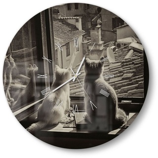 DEQORI Wanduhr 'Katzen auf Fensterbrett' (Glas Glasuhr modern Wand Uhr Design Küchenuhr) schwarz 50 cm x 50 cm