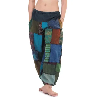 PRINCESS OF ASIA Patchwork Jeans Haremshose Damen Aladinhose Pumphose | 100% Organic Cotton, Fester Denim Stoff, Weite Baggy Passform, Elastischer Bund, Praktische Taschen, Boho Hippie Style - Einheitsgröße