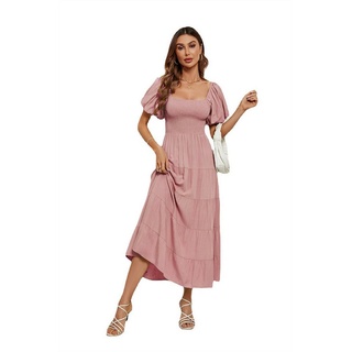 RUZU UG Dirndl Einfarbiges Sommerkleid mit hoher Taille und Puffärmeln für Damen (1-tlg) rosa M