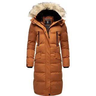MARIKOO Damen Wintermantel warmer Steppmantel lang mit abnehmbarem Kunstfell und Kapuze Schneesternchen Rusty Cinnamon Gr. S - S