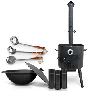 Utschak Feuerofen mit abnehmbarem Ofenrohr Gusseisen Topf runder Boden mit Deckel (12 L) KazanoFF, Учаг, Kazan Outdoor, Feuerschale, Camping, Kasan, Gulaschkanone Dutch Oven (Set 12R - 2)