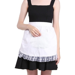 cigemay Cotton White Women Maid Spitze Saum Küche halbe Schürze Vintage Retro halbe Taille weiße Rüschen halbe Taille Schürze halbe Schürze für Frauen