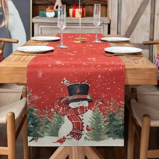 Becellen Tischläufer Weihnachten, Schneemann Leinen Weihnachtstischläufer Modern Rot Tischläufer Winter Waschbar Weihnachtsdeko Tisch für Weihnachten Esstisch Dekor