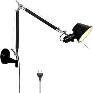 AoLa Wandleuchte Verstellbar Vintage Schwenkbar Wandlampe mit Schalter und Stecker Innen E27 Lange Arm Wand Leselampe Drehbar Schwarz Nachttischlampe mit 1.5M Kabel, für Schlafzimmer Wohnzimmer,25CM