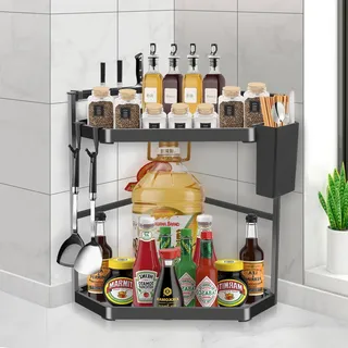 MaxEarn 2 Etagen Verstellbares Eck-Küchenregal, 39cm Extra Großes Arbeitsplatte Gewürzregal, Dreieckiges Wand-Gewürzregal aus Edelstahl, Eckregal Organizer für Küche und Badezimmer