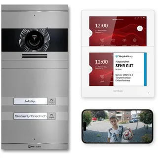 Metzler VDM10 2.0 Video Sprechanlage Komplett Set mit austauschbarem Namensschild - Anschluss LAN/POE - Türsprechanlage mit HD-Kamera und Bildschirm für 2 Familienhaus, in Grau aus V2A Edelstahl