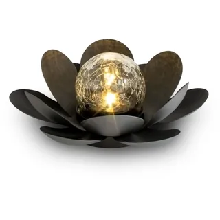 LED Solar Lotus Blüte Leucht Kugel 24cm - Crackle Bruch Glas Garten Deko schwarz